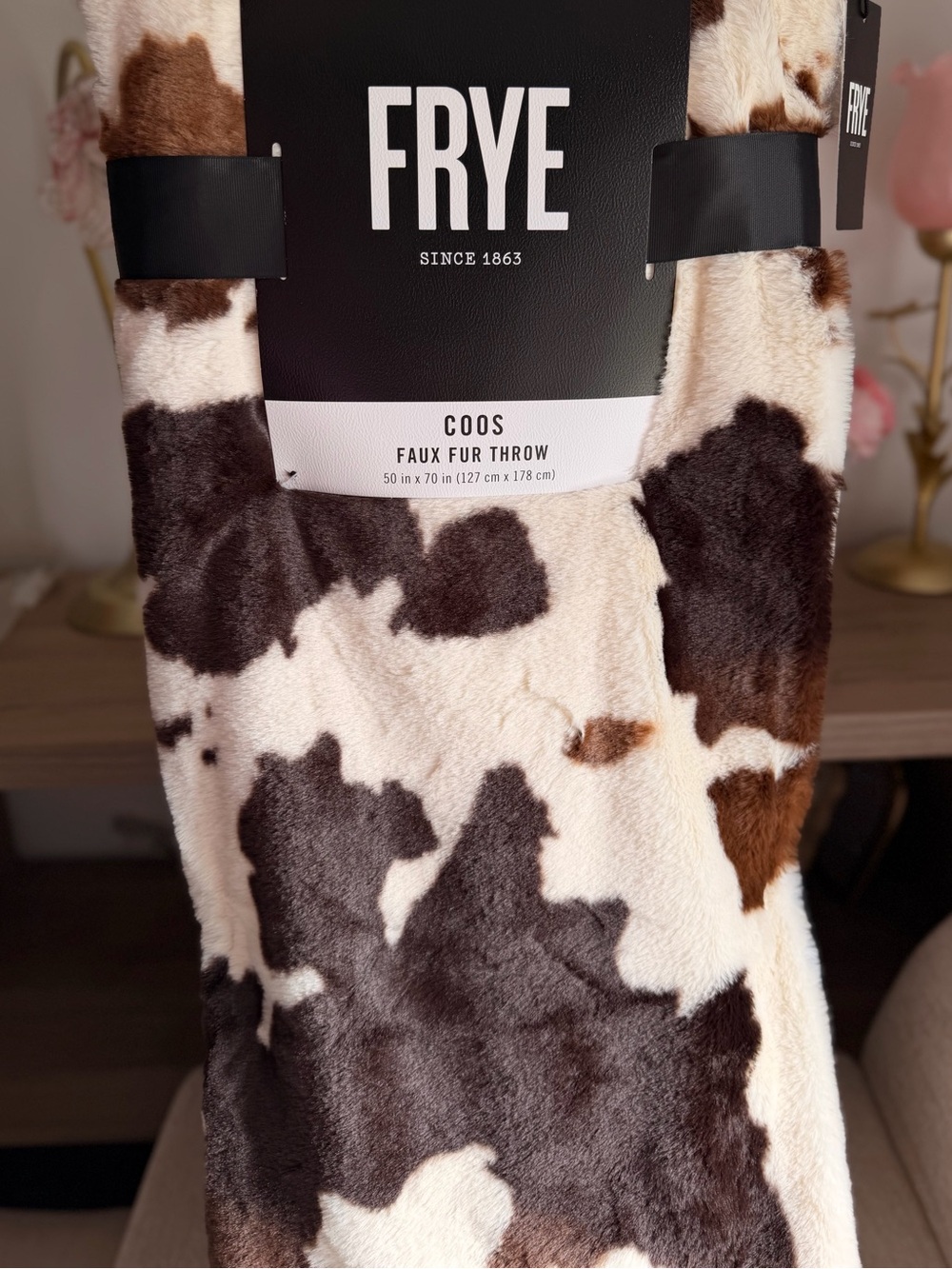 FRYE cow hide country western luxe Faux Fur Throw Blanket reversible velvet soft